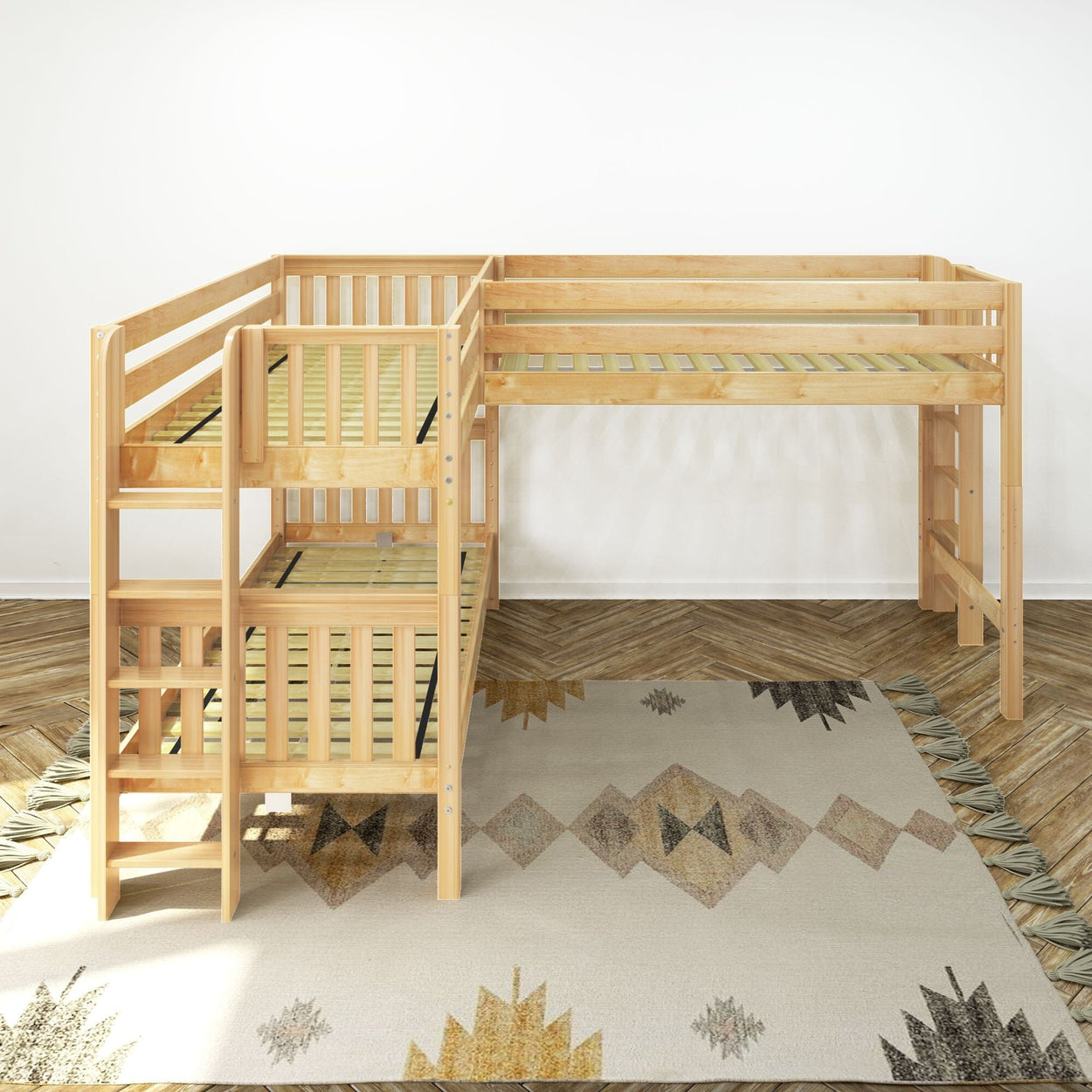 TRIFID 1 NS : Multiple Bunk Beds Twin Medium Corner Loft Bunk with Straight Ladders on Ends, Slat, Natural