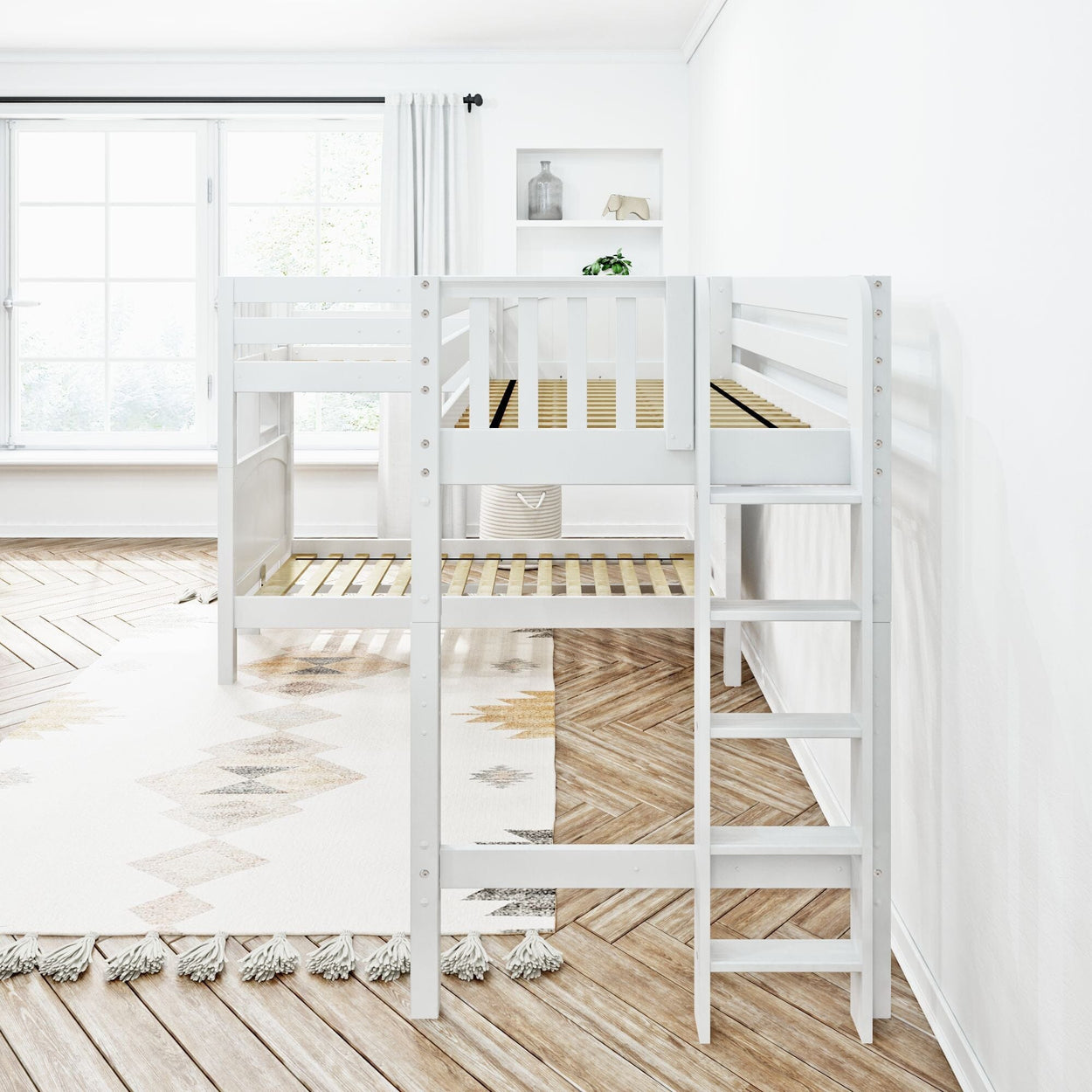 TRIFID 1 WP : Multiple Bunk Beds Twin Medium Corner Loft Bunk with Straight Ladders on Ends, Panel, White