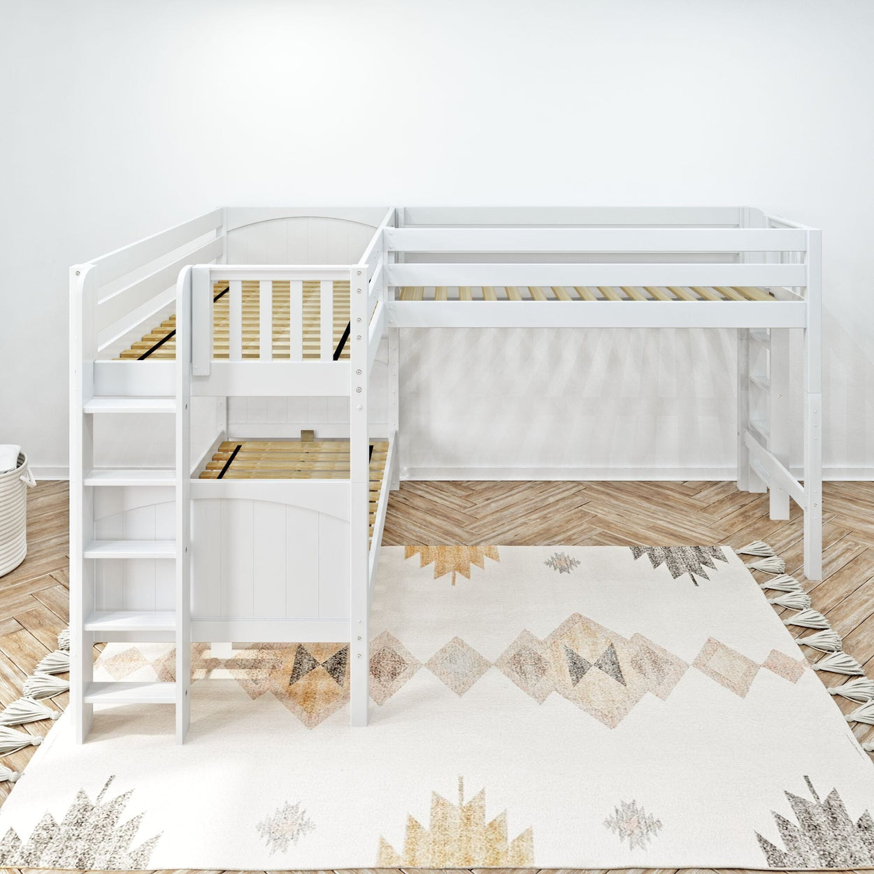 TRIFID 1 WP : Multiple Bunk Beds Twin Medium Corner Loft Bunk with Straight Ladders on Ends, Panel, White