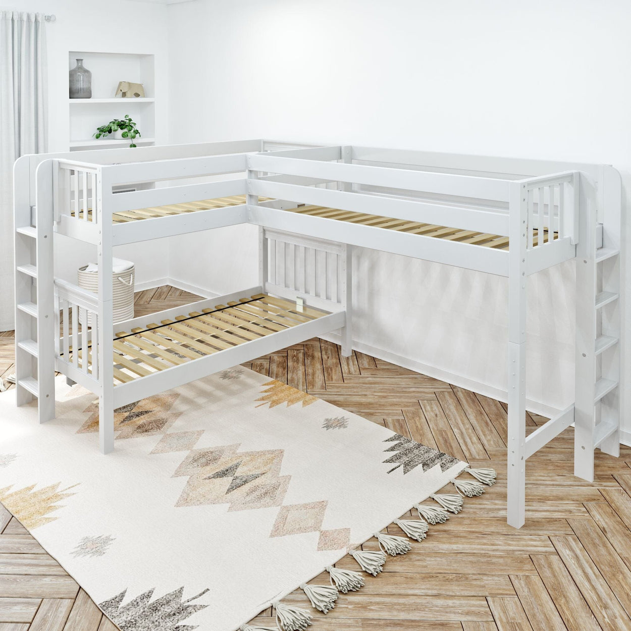 TRIFID 1 WS : Multiple Bunk Beds Twin Medium Corner Loft Bunk with Straight Ladders on Ends, Slat, White