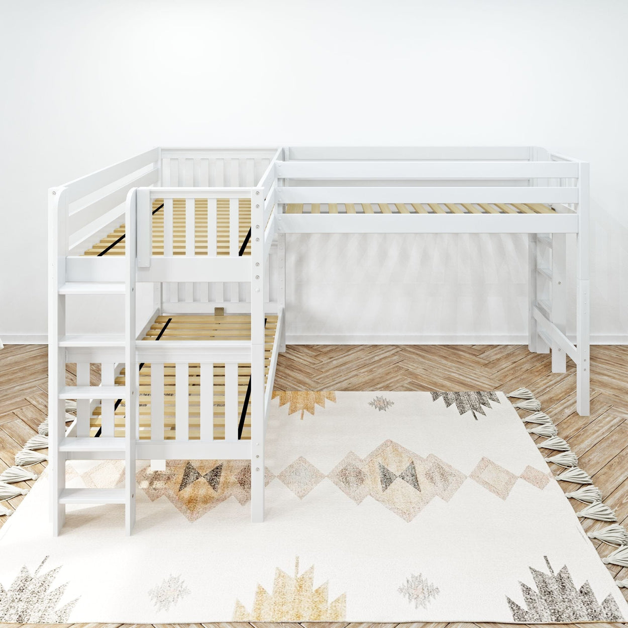 TRIFID 1 WS : Multiple Bunk Beds Twin Medium Corner Loft Bunk with Straight Ladders on Ends, Slat, White