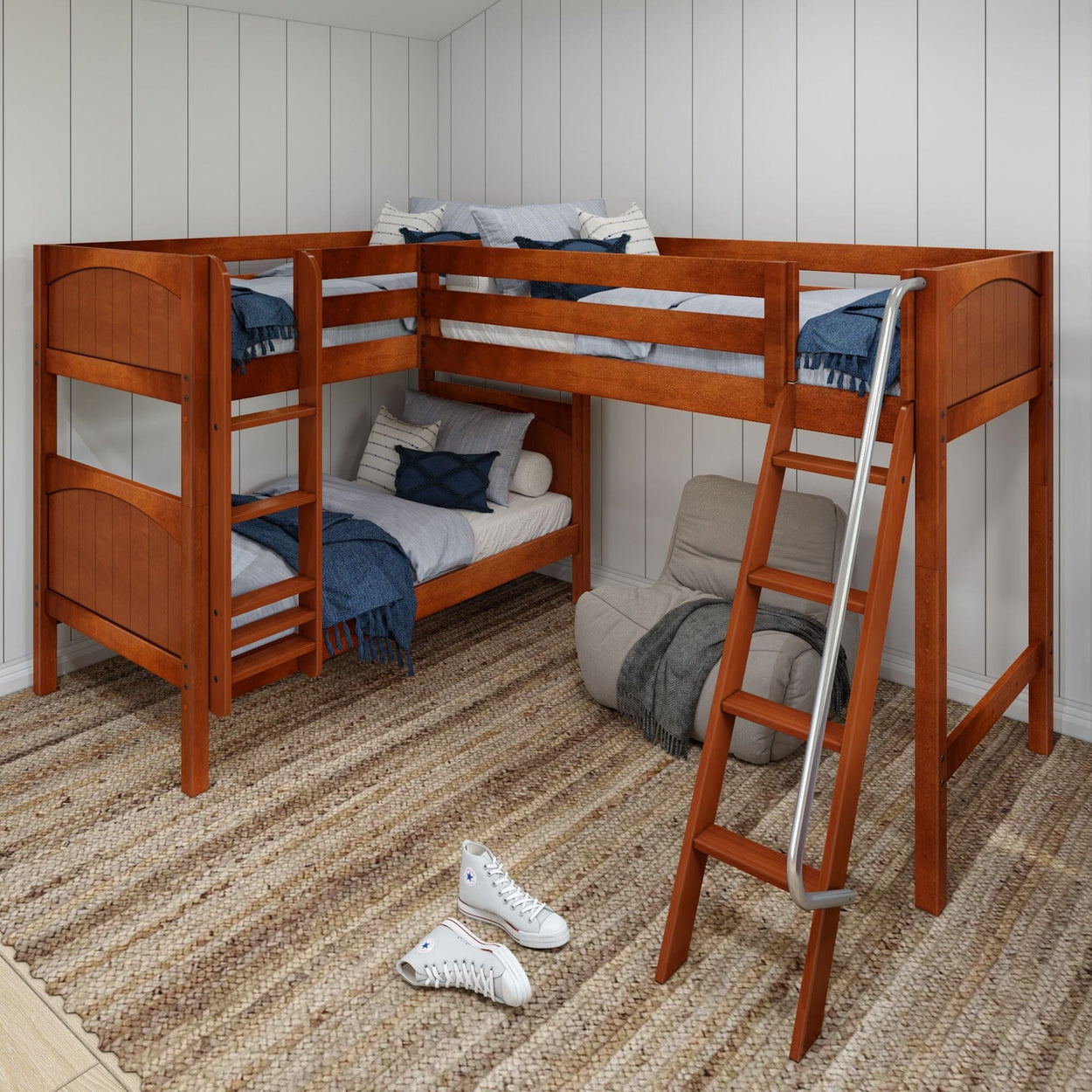 TRIFID CP : Corner Loft Bunk Twin Medium Corner Loft Bunk Bed with Angled and Straight Ladder, Panel, Chestnut