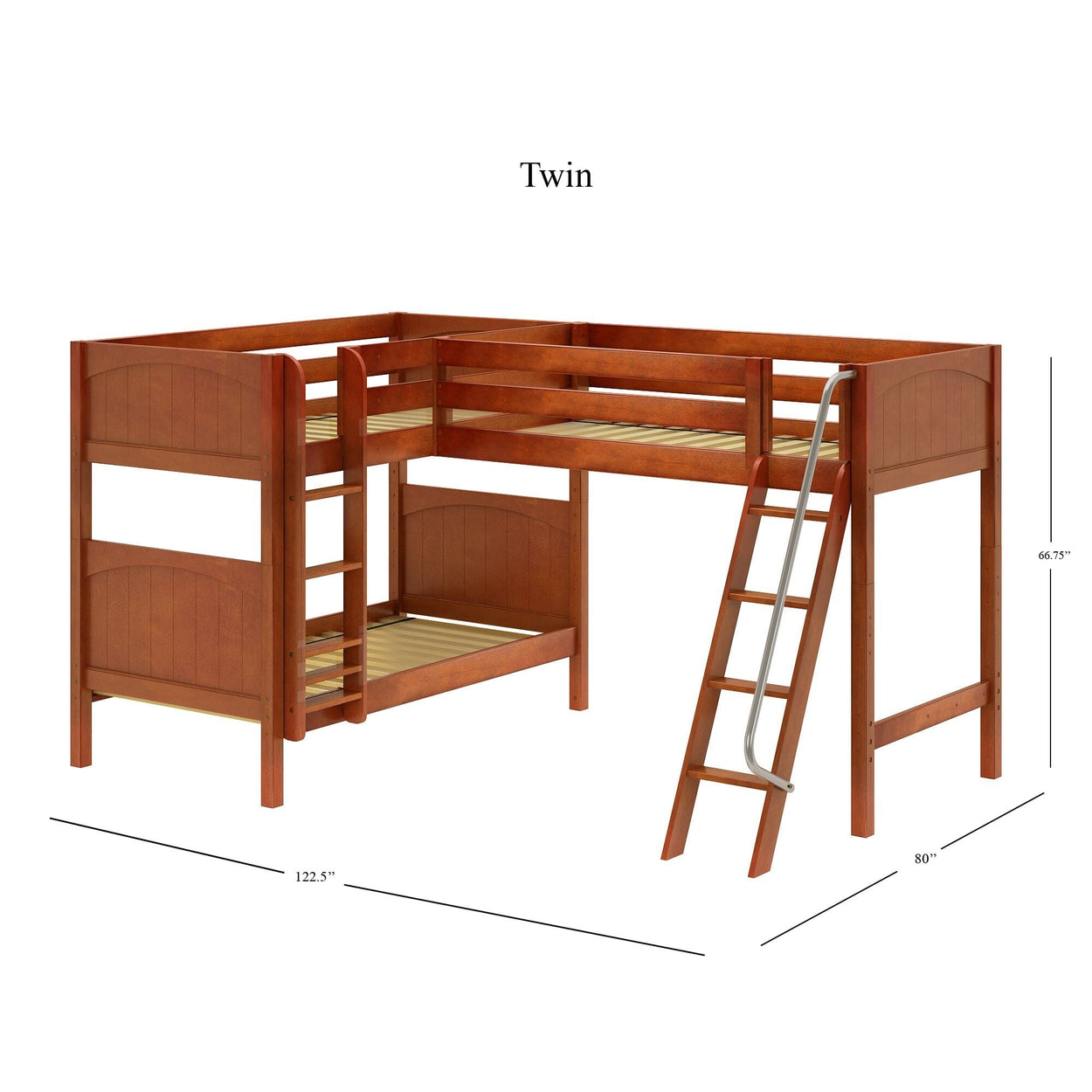 TRIFID CP : Multiple Bunk Beds Twin Medium Corner Loft Bunk Bed with Angled and Straight Ladder, Panel, Chestnut