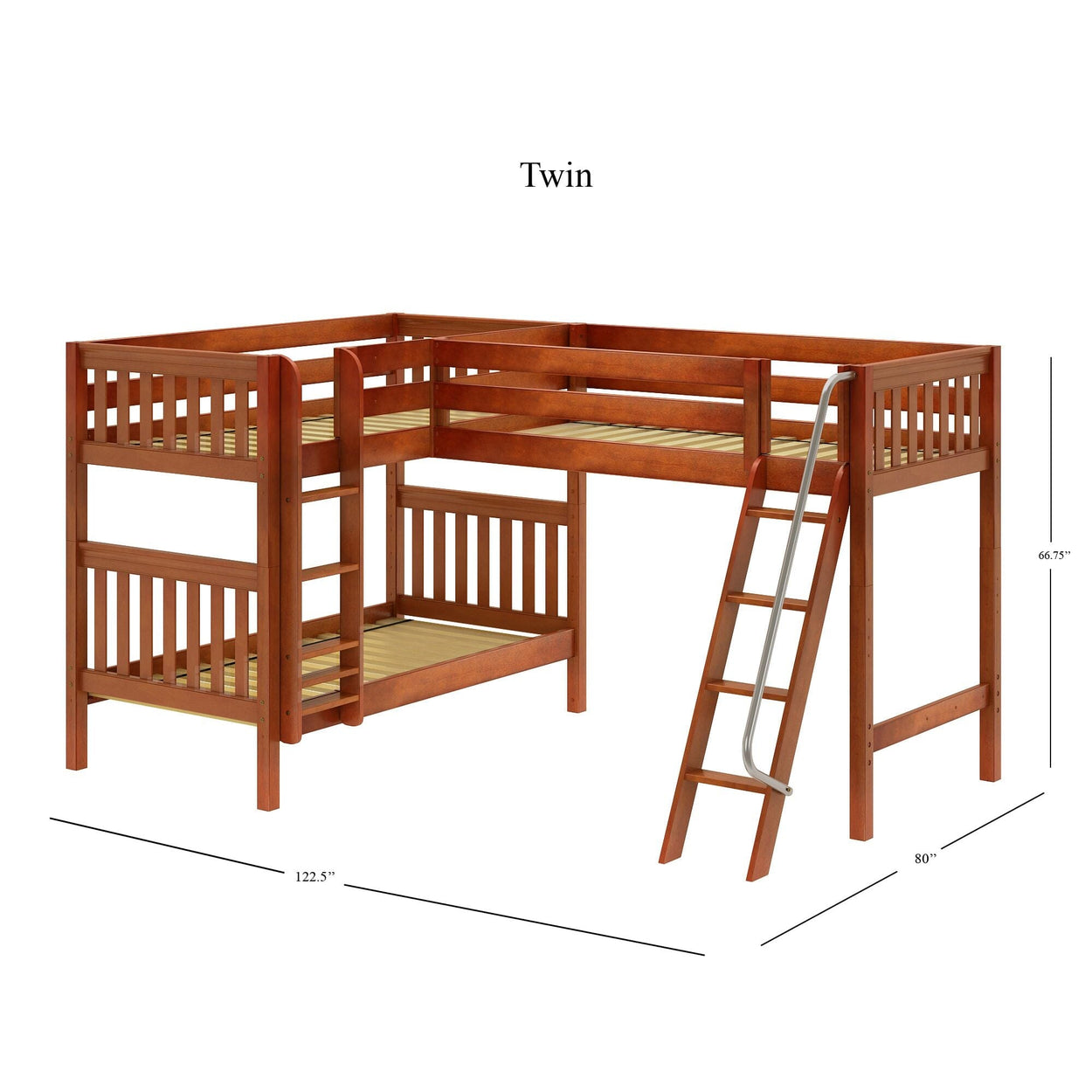 TRIFID CS : Corner Loft Bunk Twin Medium Corner Loft Bunk Bed with Angled and Straight Ladder, Slat, Chestnut