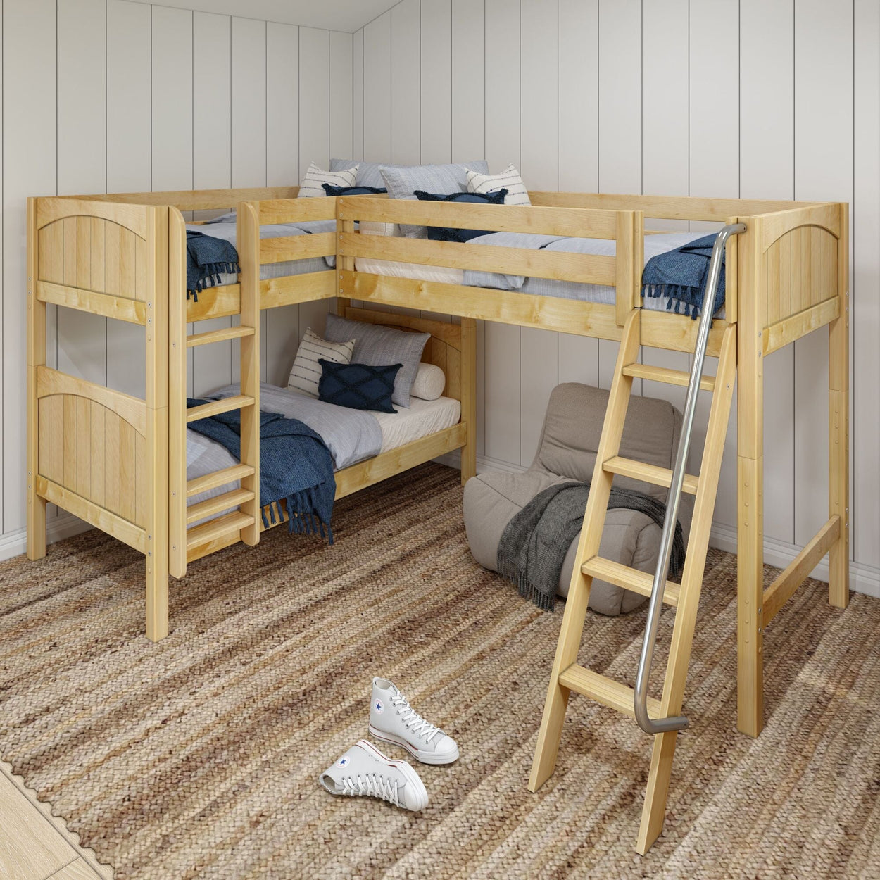 TRIFID NP : Corner Loft Bunk Twin Medium Corner Loft Bunk Bed with Angled and Straight Ladder, Panel, Natural