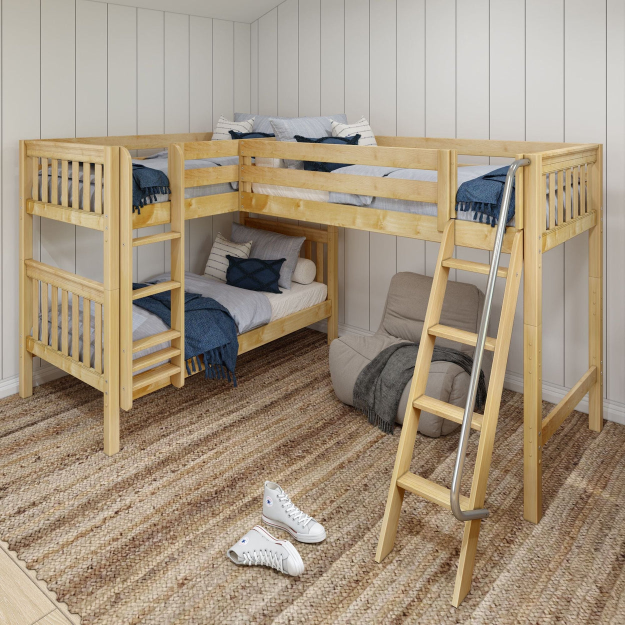 TRIFID NS : Corner Loft Bunk Twin Medium Corner Loft Bunk Bed with Angled and Straight Ladder, Slat, Natural