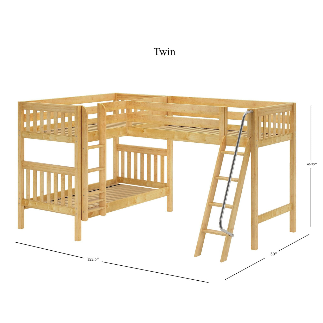 TRIFID NS : Multiple Bunk Beds Twin Medium Corner Loft Bunk Bed with Angled and Straight Ladder, Slat, Natural