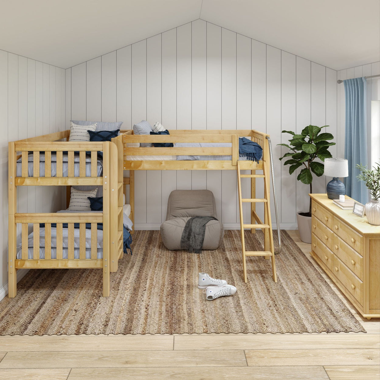 TRIFID NS : Multiple Bunk Beds Twin Medium Corner Loft Bunk Bed with Angled and Straight Ladder, Slat, Natural