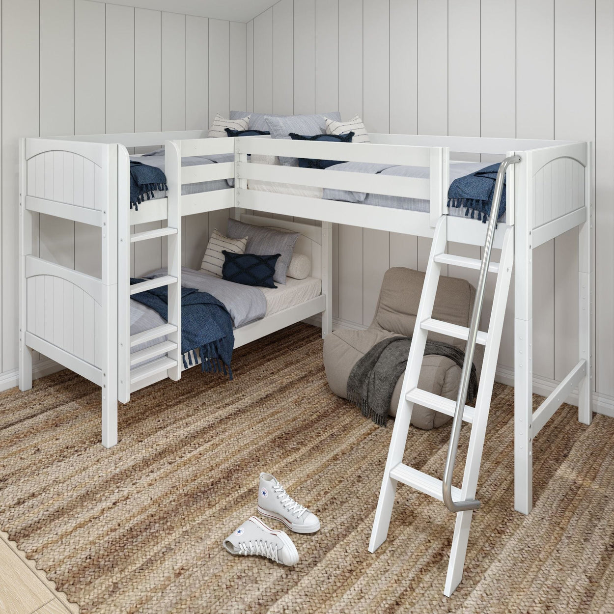 TRIFID WP : Corner Loft Bunk Twin Medium Corner Loft Bunk Bed with Angled and Straight Ladder, Panel, White