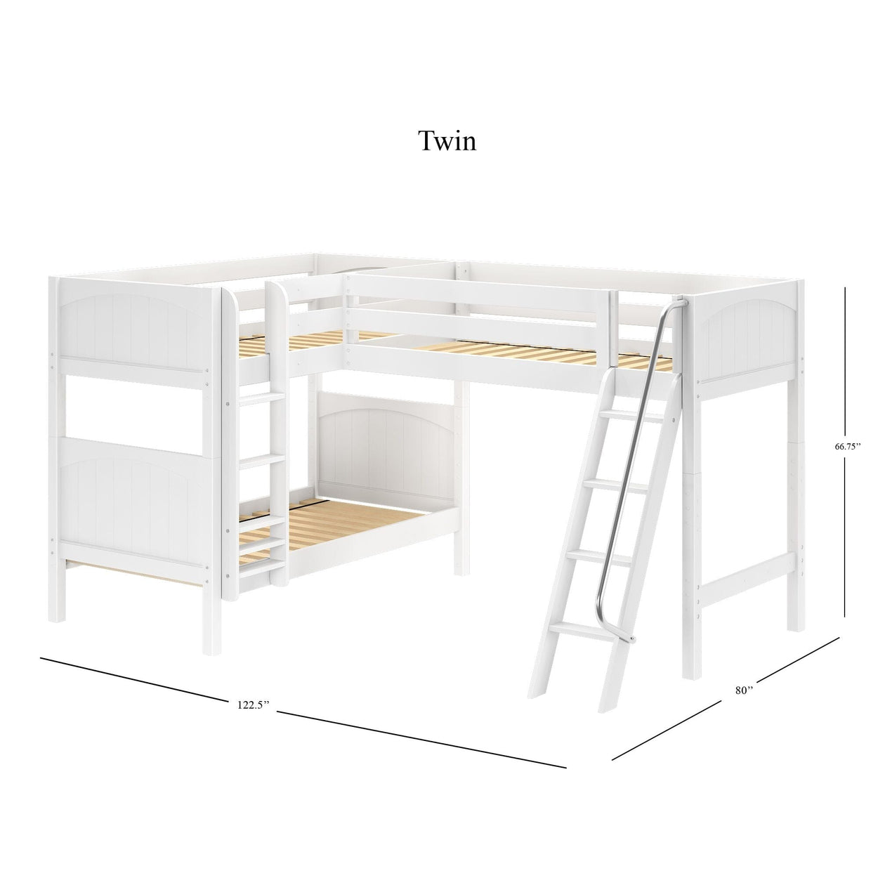 TRIFID WP : Corner Loft Bunk Twin Medium Corner Loft Bunk Bed with Angled and Straight Ladder, Panel, White