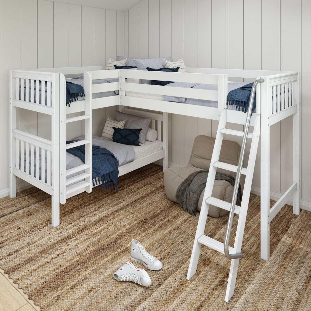 TRIFID WS : Multiple Bunk Beds Twin Medium Corner Loft Bunk Bed with Angled and Straight Ladder, Slat, White