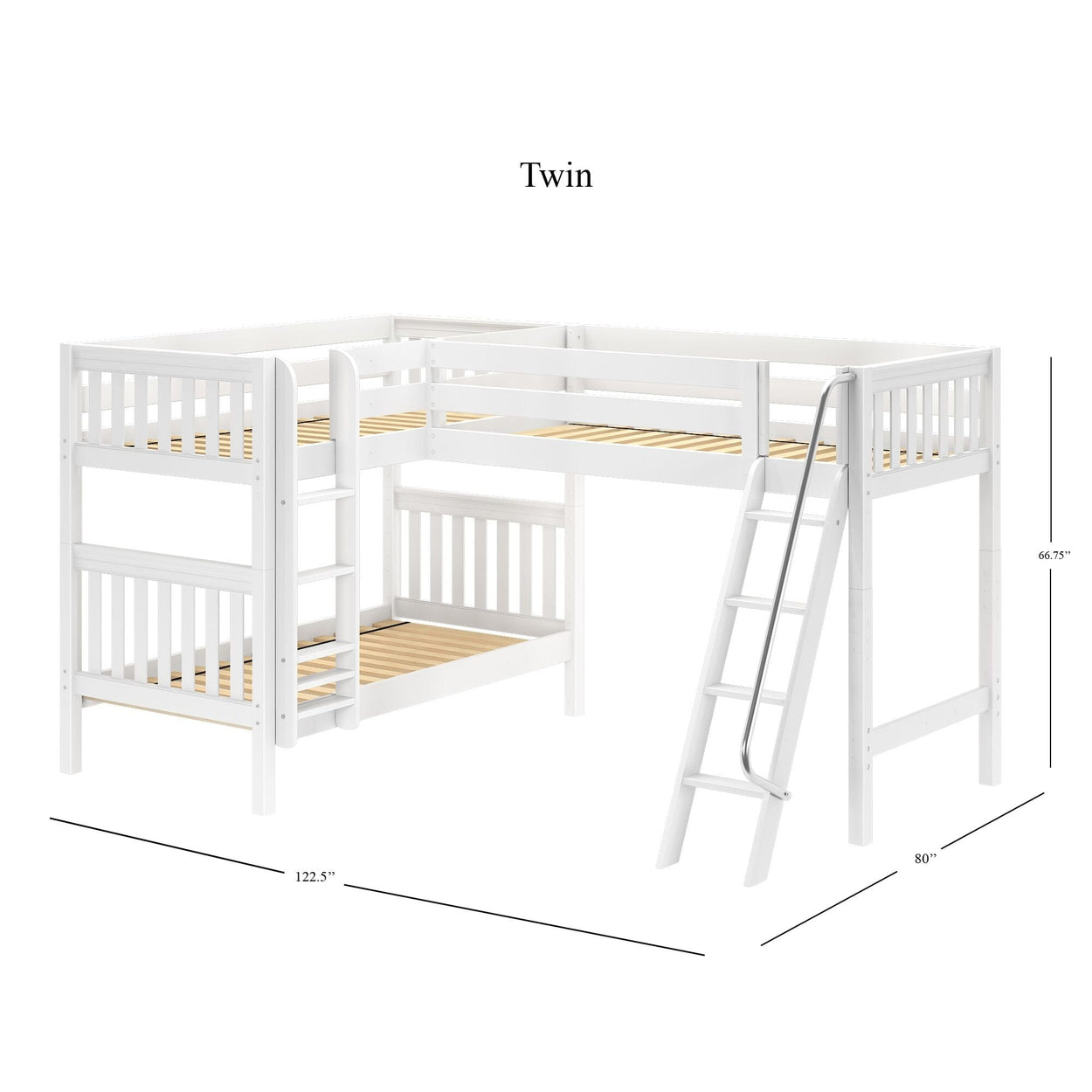 TRIFID WS : Multiple Bunk Beds Twin Medium Corner Loft Bunk Bed with Angled and Straight Ladder, Slat, White