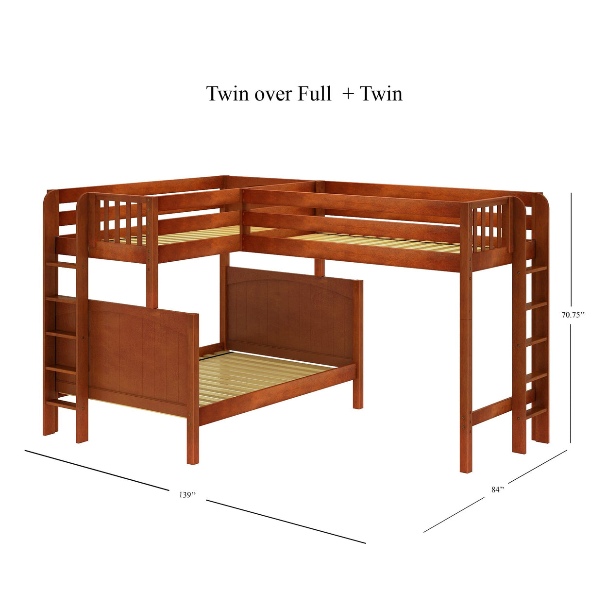 TRILATERAL 1 CP : Corner Loft Beds Twin over Full + Twin High Corner Loft Bunk with Staight Ladders on Ends, Panel, Chestnut