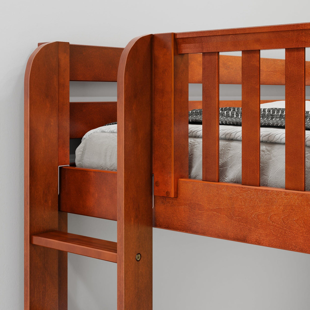 TRILATERAL 1 CP : Corner Loft Beds Twin over Full + Twin High Corner Loft Bunk with Staight Ladders on Ends, Panel, Chestnut