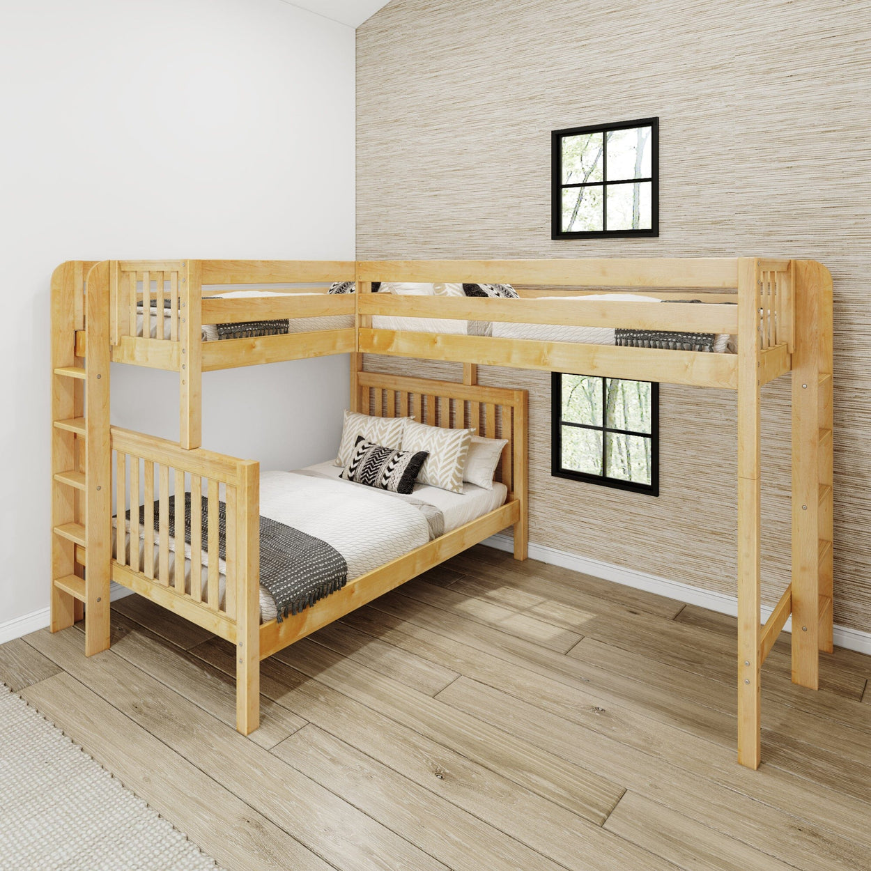 TRILATERAL 1 NS : Corner Loft Beds Twin over Full + Twin High Corner Loft Bunk with Staight Ladders on Ends, Slat, Natural