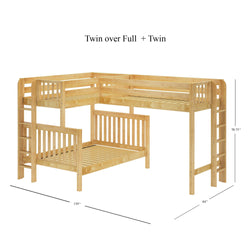 TRILATERAL 1 NS : Corner Loft Beds Twin over Full + Twin High Corner Loft Bunk with Staight Ladders on Ends, Slat, Natural