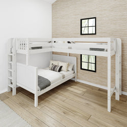 TRILATERAL 1 WP : Corner Loft Beds Twin over Full + Twin High Corner Loft Bunk with Staight Ladders on Ends, Panel, White