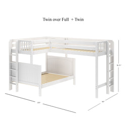 TRILATERAL 1 WP : Corner Loft Beds Twin over Full + Twin High Corner Loft Bunk with Staight Ladders on Ends, Panel, White