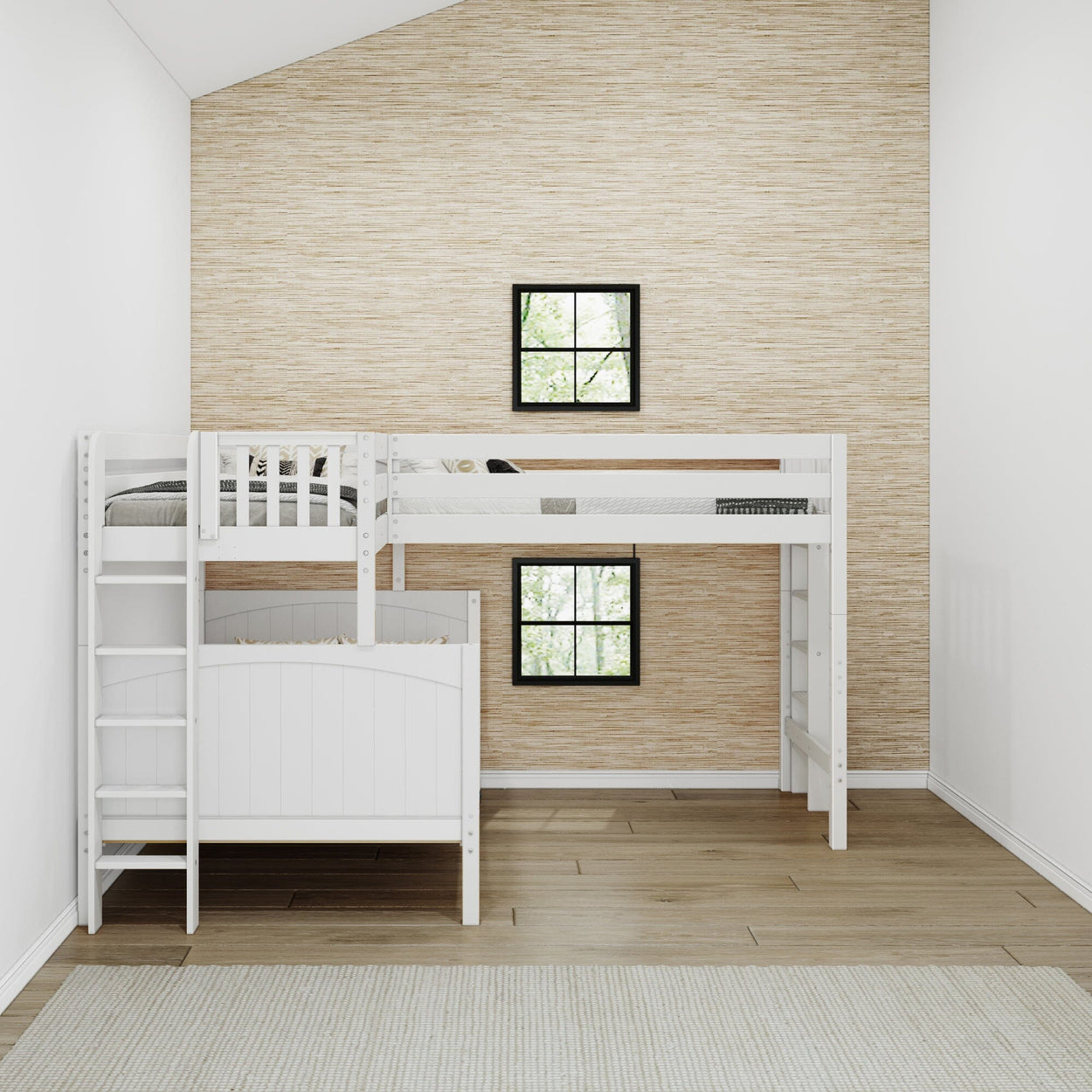 TRILATERAL 1 WP : Corner Loft Beds Twin over Full + Twin High Corner Loft Bunk with Staight Ladders on Ends, Panel, White