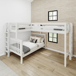 TRILATERAL 1 WS : Corner Loft Beds Twin over Full + Twin High Corner Loft Bunk with Staight Ladders on Ends, Slat, White