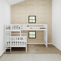 TRILATERAL 1 WS : Corner Loft Beds Twin over Full + Twin High Corner Loft Bunk with Staight Ladders on Ends, Slat, White