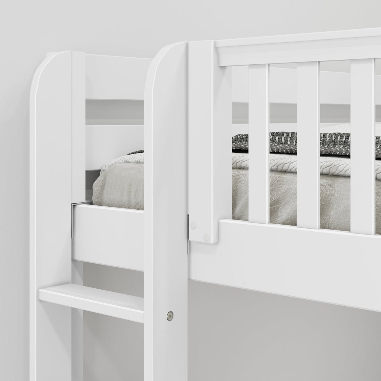 TRILATERAL 1 WS : Corner Loft Beds Twin over Full + Twin High Corner Loft Bunk with Staight Ladders on Ends, Slat, White