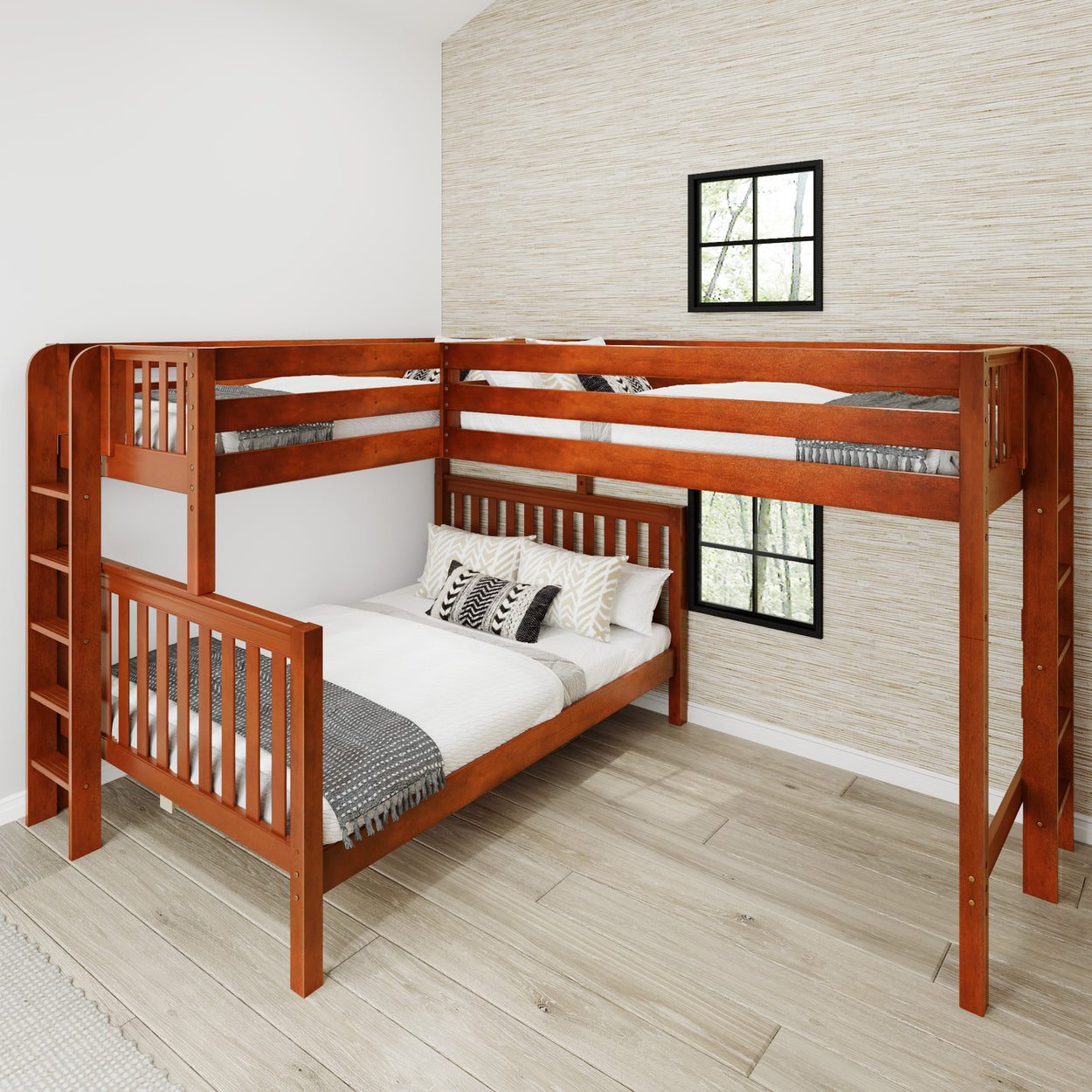 TRINITARIAN XL 1 CS : Corner Loft Bed Twin XL over Queen + Twin XL High Corner Loft Bunk with Straight Ladders on Ends, Slat, Chestnut