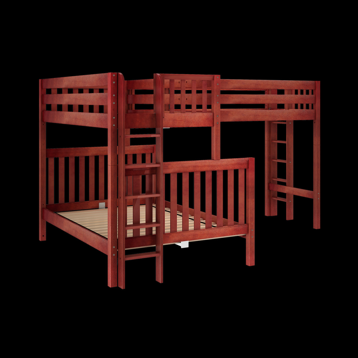 TRINITARIAN XL 1 CS : Corner Loft Bed Twin XL over Queen + Twin XL High Corner Loft Bunk with Straight Ladders on Ends, Slat, Chestnut