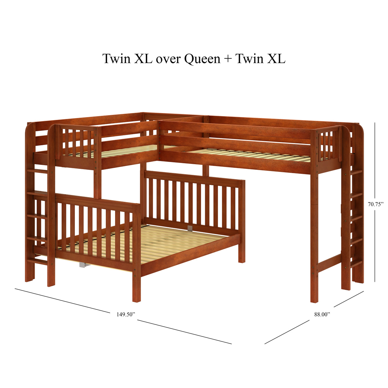 TRINITARIAN XL 1 CS : Corner Loft Bed Twin XL over Queen + Twin XL High Corner Loft Bunk with Straight Ladders on Ends, Slat, Chestnut