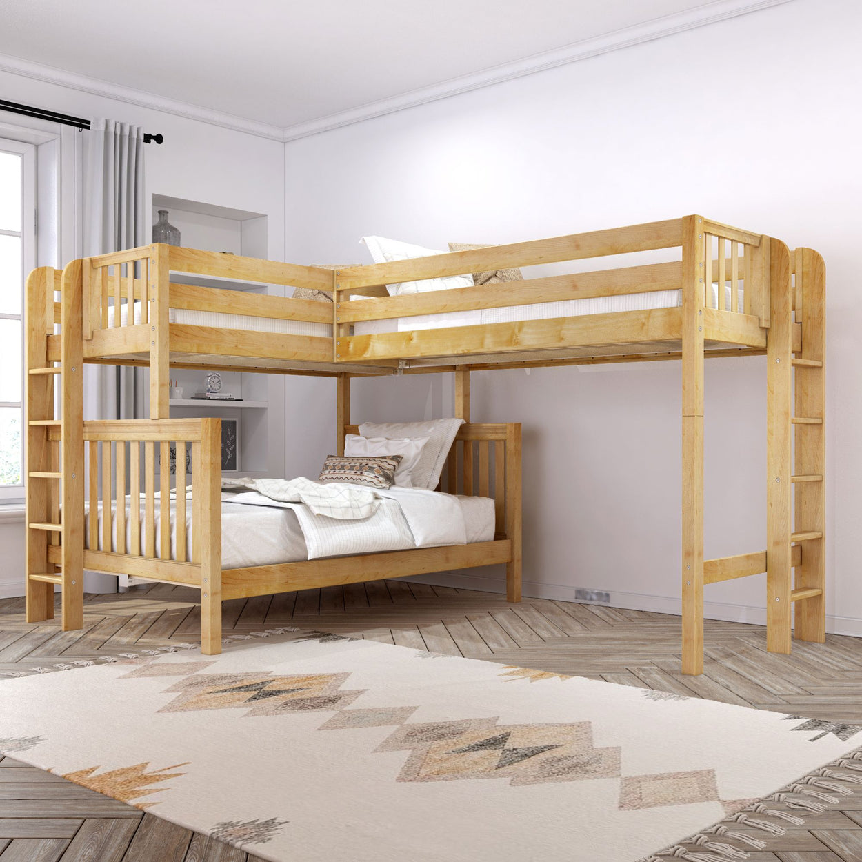 TRINITARIAN XL 1 NS : Corner Loft Bunk Twin XL over Queen + Twin XL High Corner Loft Bunk with Straight Ladders on Ends, Slat, Natural