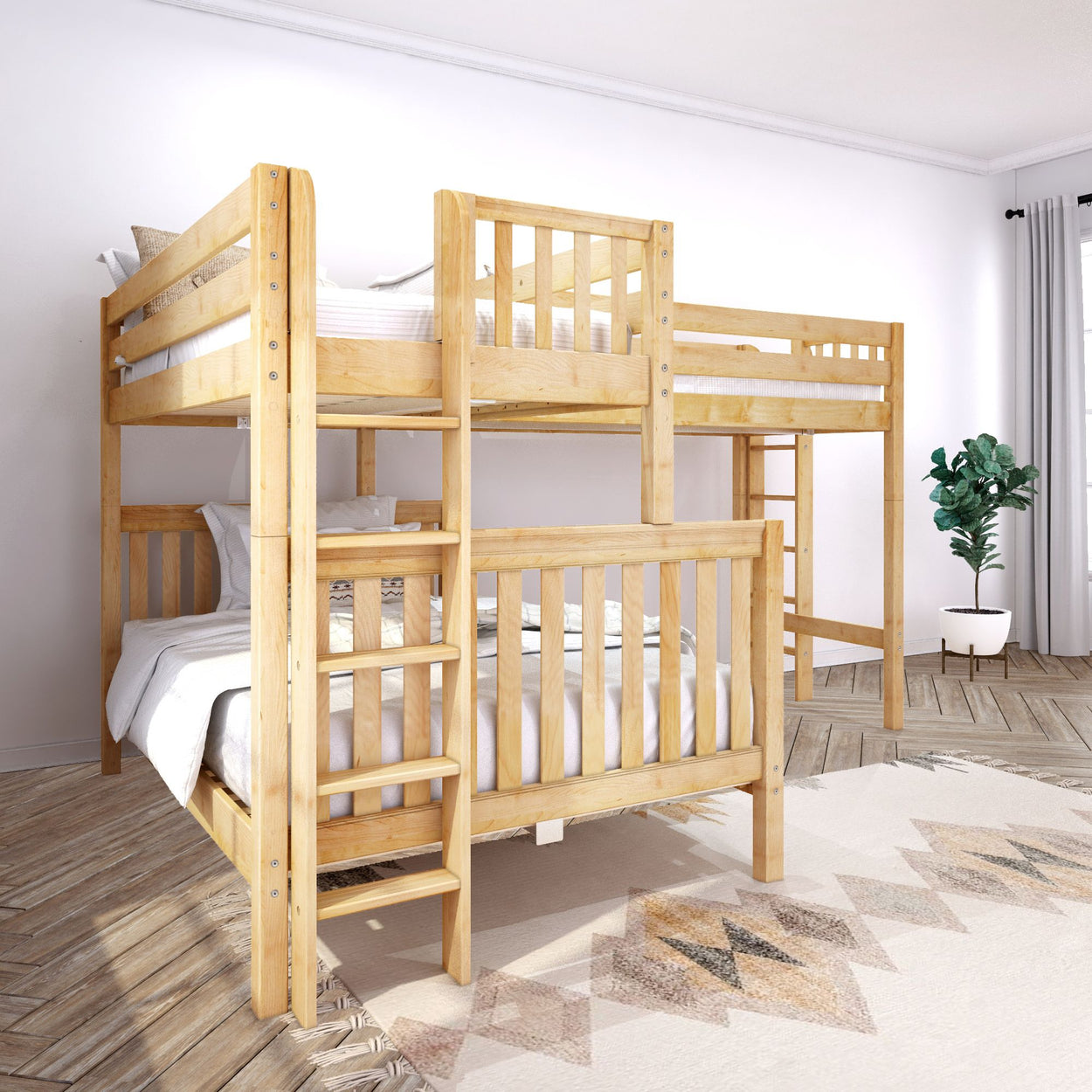 TRINITARIAN XL 1 NS : Corner Loft Bunk Twin XL over Queen + Twin XL High Corner Loft Bunk with Straight Ladders on Ends, Slat, Natural