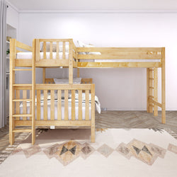 TRINITARIAN XL 1 NS : Corner Loft Bunk Twin XL over Queen + Twin XL High Corner Loft Bunk with Straight Ladders on Ends, Slat, Natural