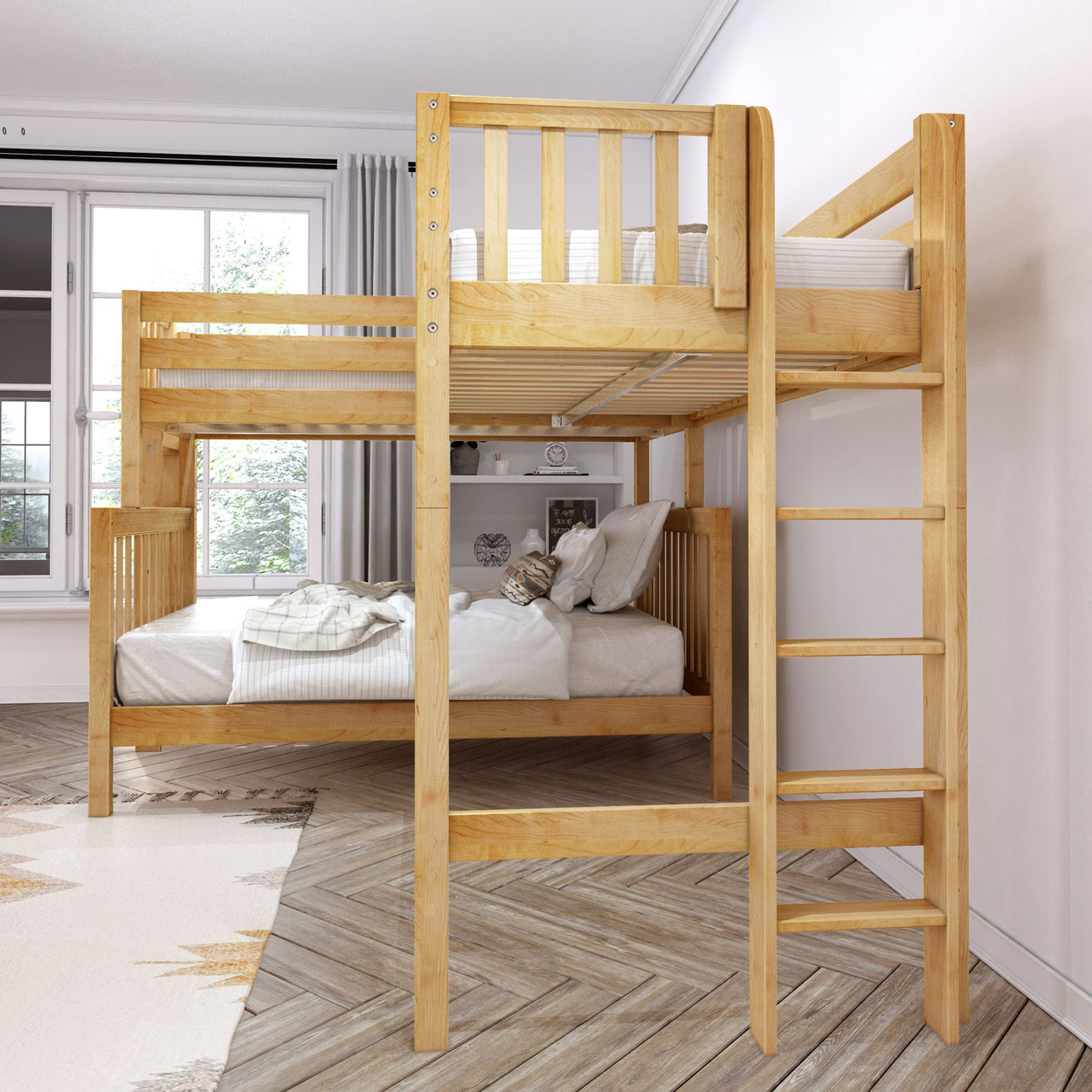 TRINITARIAN XL 1 NS : Corner Loft Bunk Twin XL over Queen + Twin XL High Corner Loft Bunk with Straight Ladders on Ends, Slat, Natural