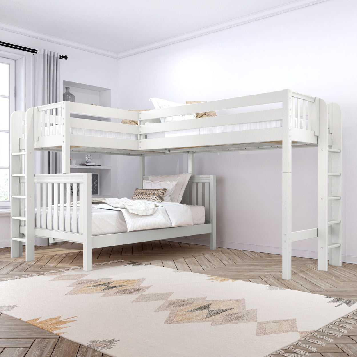 TRINITARIAN XL 1 WS : Corner Loft Bunk Twin XL over Queen + Twin XL High Corner Loft Bunk with Straight Ladders on Ends, Slat, White