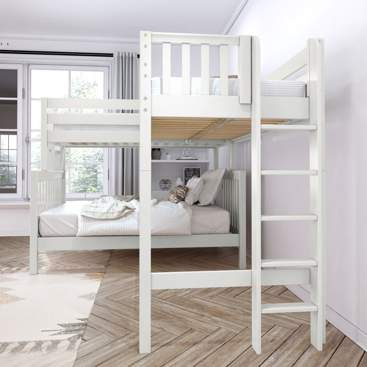 TRINITARIAN XL 1 WS : Corner Loft Bunk Twin XL over Queen + Twin XL High Corner Loft Bunk with Straight Ladders on Ends, Slat, White