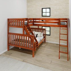 TRINITARIAN XL CS : Corner Loft Bunk Twin XL over Queen + Twin XL High Corner Loft Bunk with Angled Ladders, Slat, Chestnut