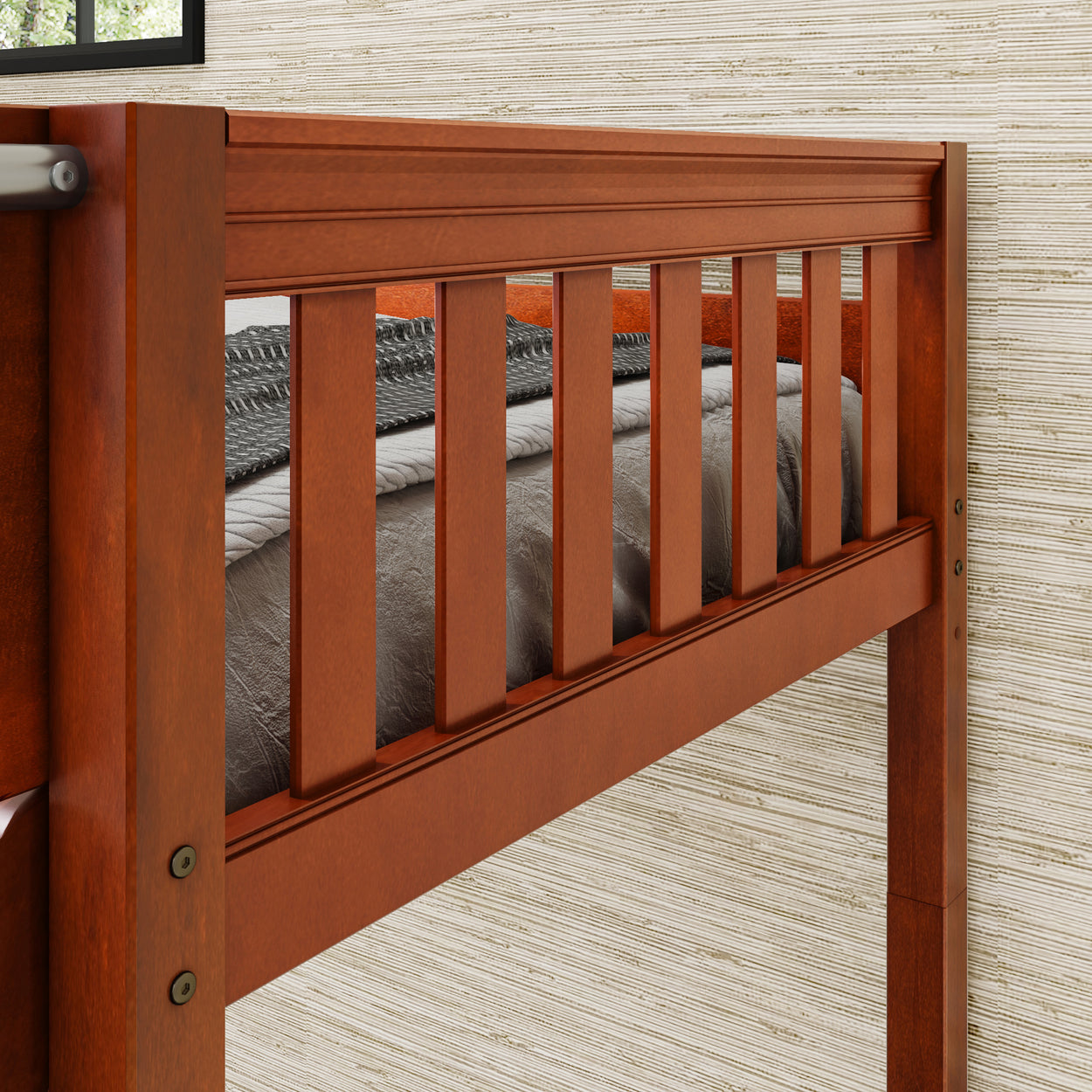 TRINITARIAN XL CS : Corner Loft Bunk Twin XL over Queen + Twin XL High Corner Loft Bunk with Angled Ladders, Slat, Chestnut