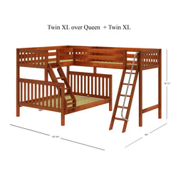 TRINITARIAN XL CS : Corner Loft Bunk Twin XL over Queen + Twin XL High Corner Loft Bunk with Angled Ladders, Slat, Chestnut