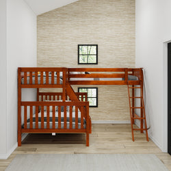 TRINITARIAN XL CS : Corner Loft Bunk Twin XL over Queen + Twin XL High Corner Loft Bunk with Angled Ladders, Slat, Chestnut