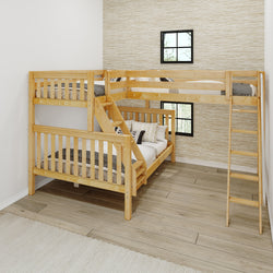 TRINITARIAN XL NS : Corner Loft Bunk Twin XL over Queen + Twin XL High Corner Loft Bunk with Angled Ladders, Slat, Natural