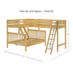 TRINITARIAN XL NS : Corner Loft Bunk Twin XL over Queen + Twin XL High Corner Loft Bunk with Angled Ladders, Slat, Natural