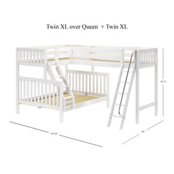 TRINITARIAN XL WS : Corner Loft Bunk Twin XL over Queen + Twin XL High Corner Loft Bunk with Angled Ladders, Slat, White