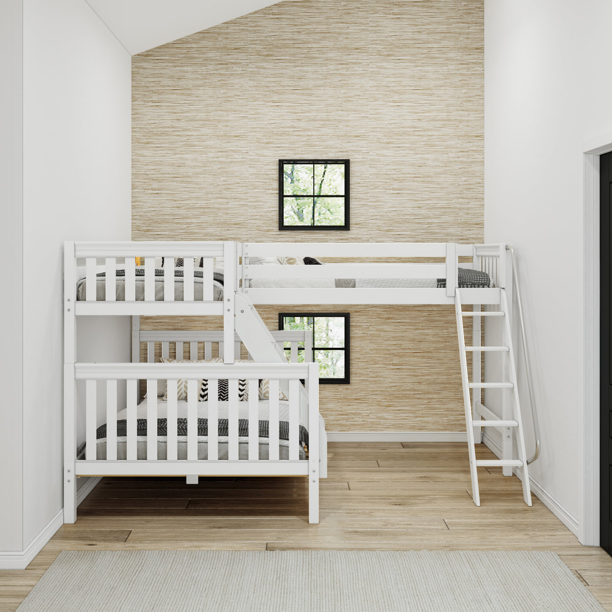 TRINITARIAN XL WS : Corner Loft Bunk Twin XL over Queen + Twin XL High Corner Loft Bunk with Angled Ladders, Slat, White