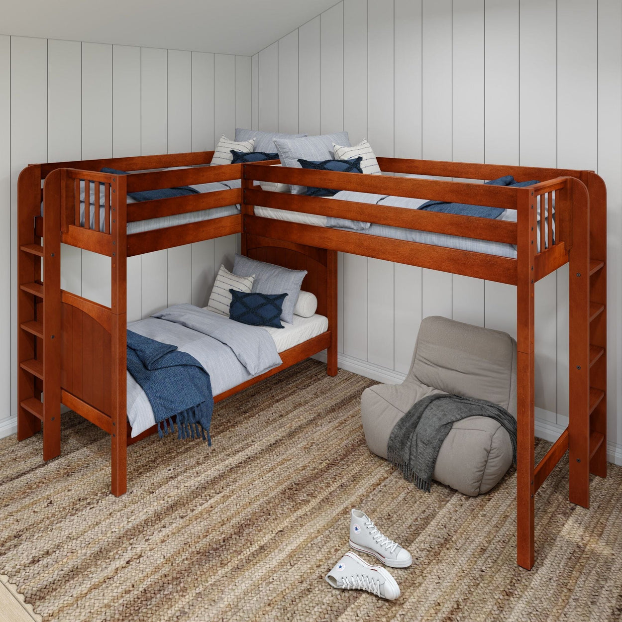 TRIO XL 1 CP : Corner Loft Bunk Twin XL High Corner Loft Bunk Bed with Ladders on Ends, Panel, Chestnut