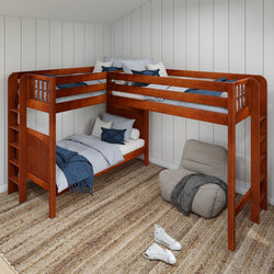 TRIO XL 1 CP : Multiple Bunk Beds Twin XL High Corner Loft Bunk Bed with Ladders on Ends, Panel, Chestnut