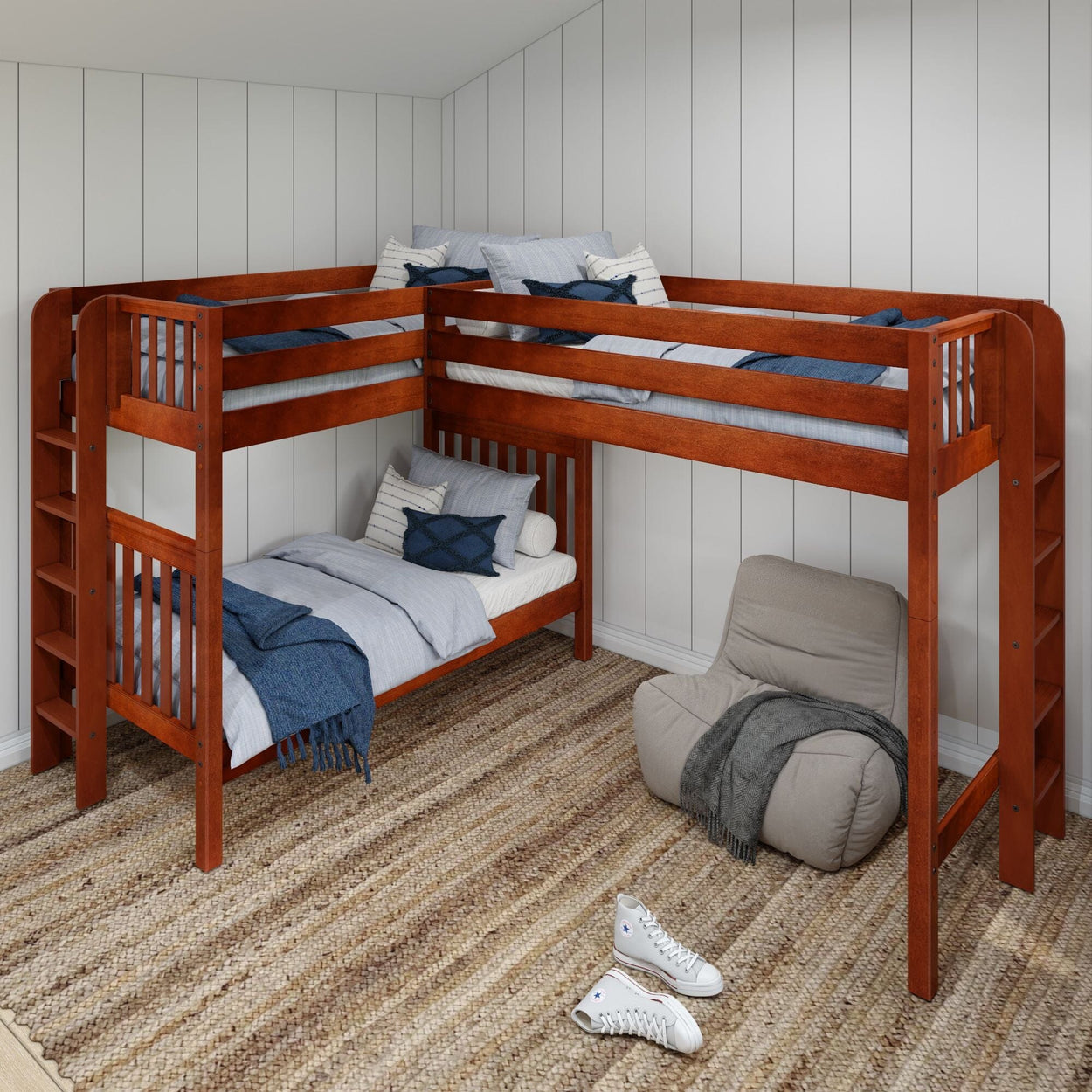 TRIO XL 1 CS : Corner Loft Bunk Twin XL High Corner Loft Bunk Bed with Ladders on Ends, Slat, Chestnut