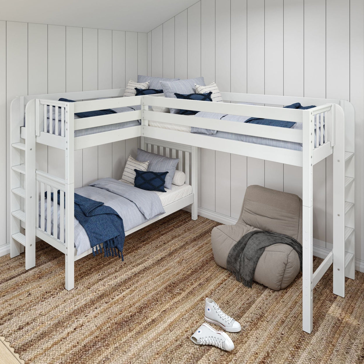 TRIO XL 1 WS : Multiple Bunk Beds Twin XL High Corner Loft Bunk Bed with Ladders on Ends, Slat, White