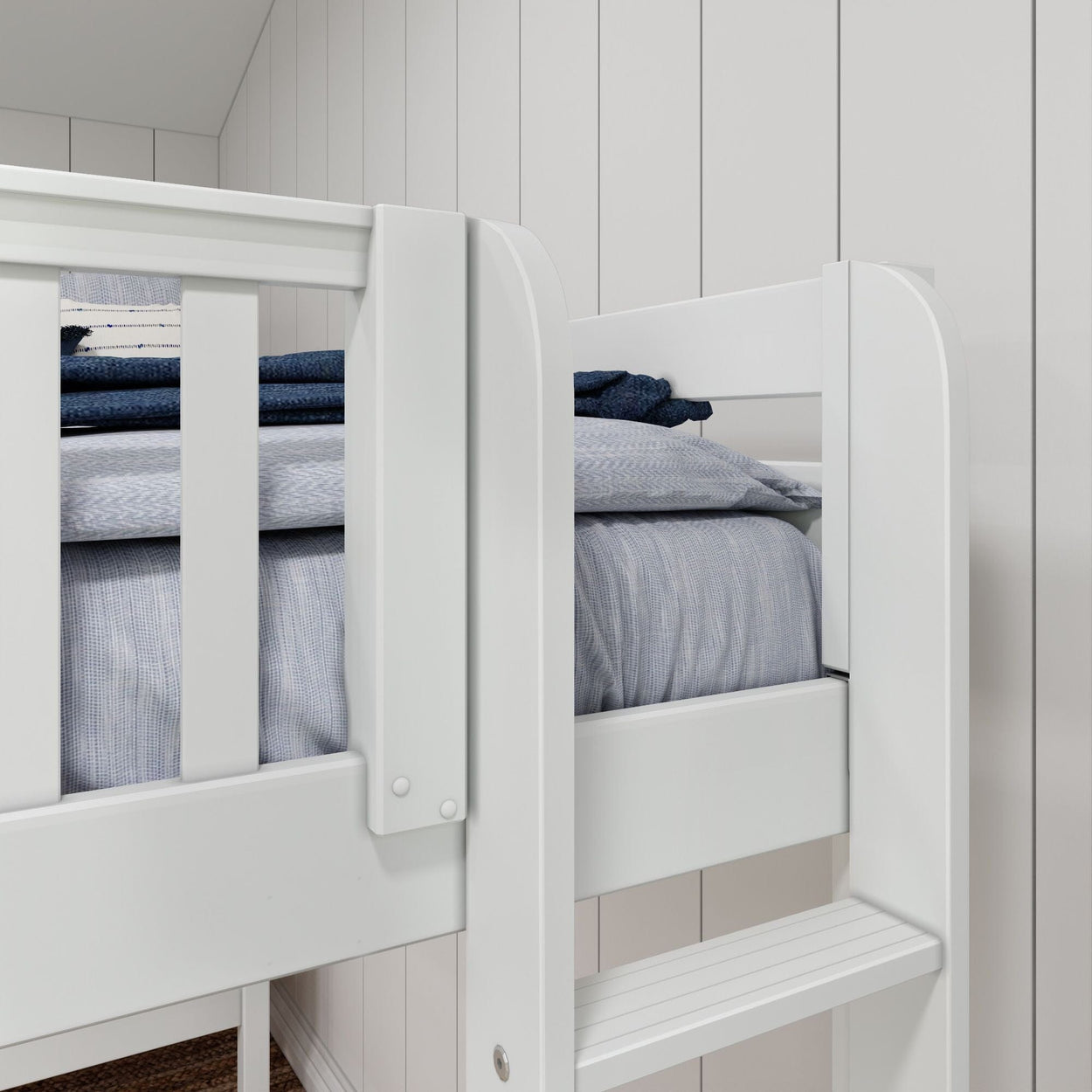 TRIO XL 1 WS : Corner Loft Bunk Twin XL High Corner Loft Bunk Bed with Ladders on Ends, Slat, White