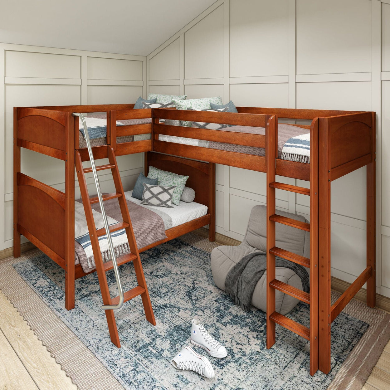 TRIPLET CP : Multiple Bunk Beds Full High Corner Loft Bunk Bed, Panel, Chestnut