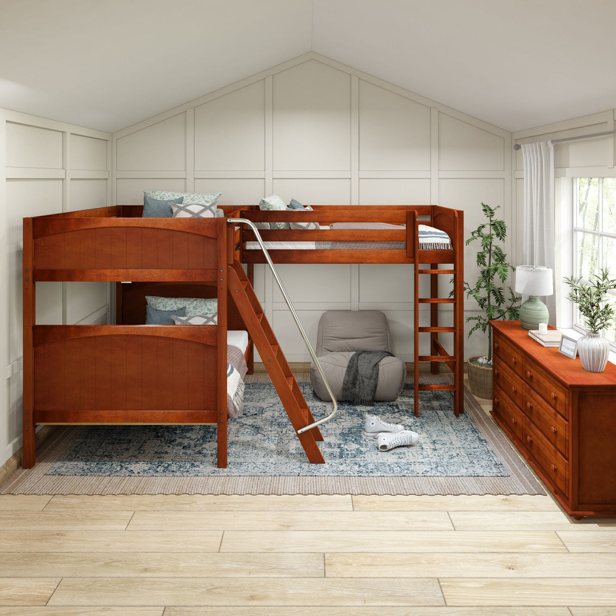 TRIPLET CP : Multiple Bunk Beds Full High Corner Loft Bunk Bed, Panel, Chestnut